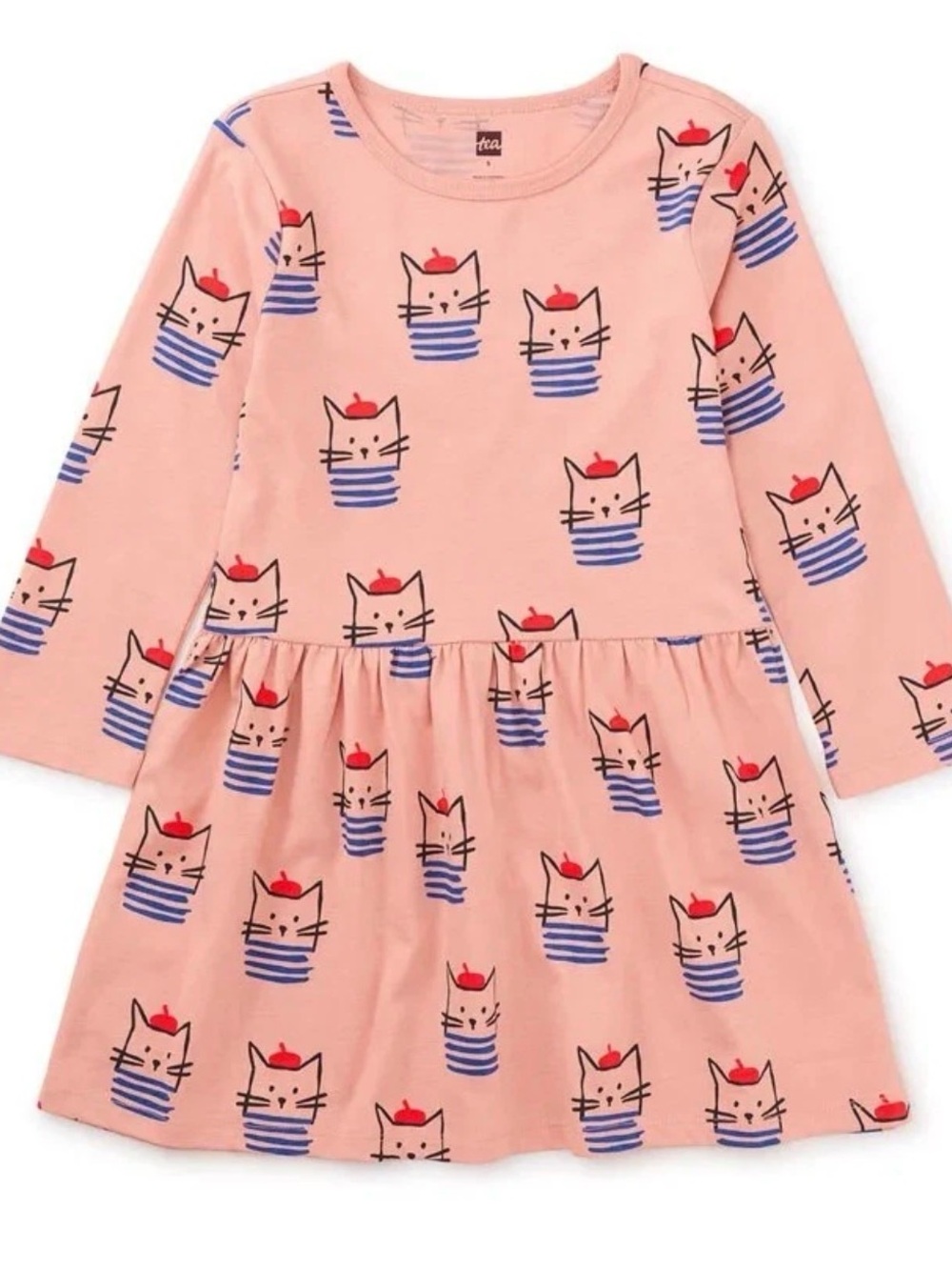 Tea Collection French Cat Print Long Sleeve Dress with Red & Blue Accents